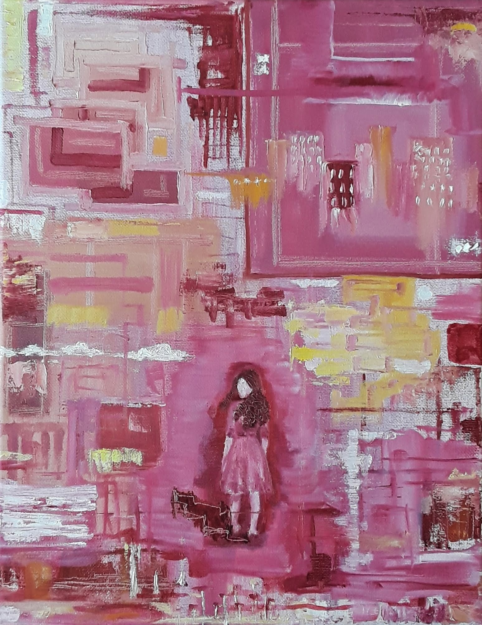 Painting with pink, white, and yellow abstract shapes. A person with brunette hair and pink dress stands in the middle, looking over the shoulder.