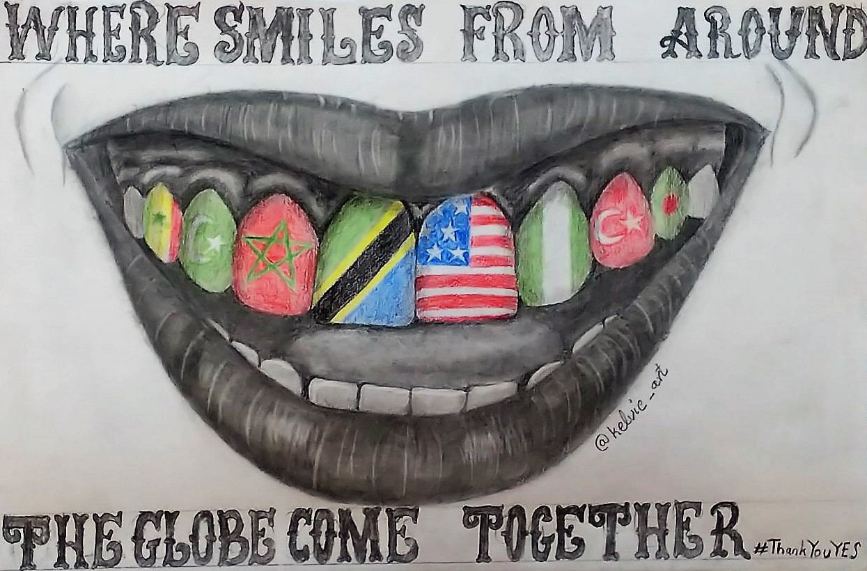 Drawing of a smiling mouth. Each tooth represents a different flag. The words "Where smiles from around the globe come together" are written on the top and bottom of the drawing.