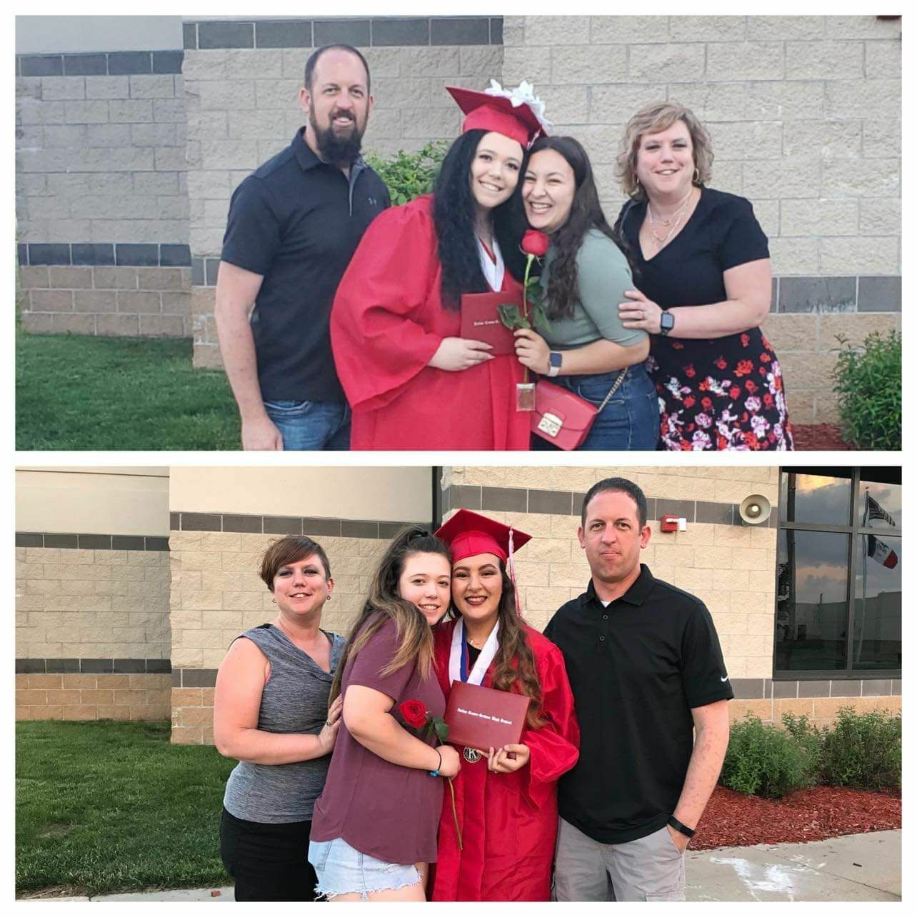 A collage of Hiba posing with her host family at her graduation and her sisters graduation