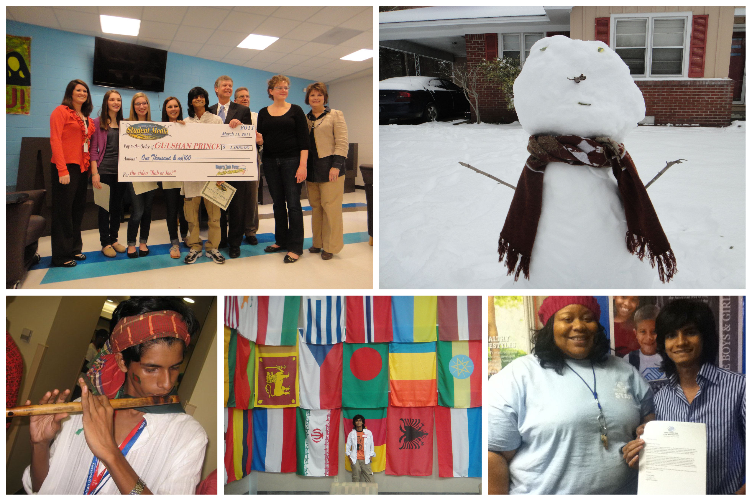 A Collage Of Photos Including A Snowman The Alum Playing An Instrument And Standing With Flags And Accepting Awards