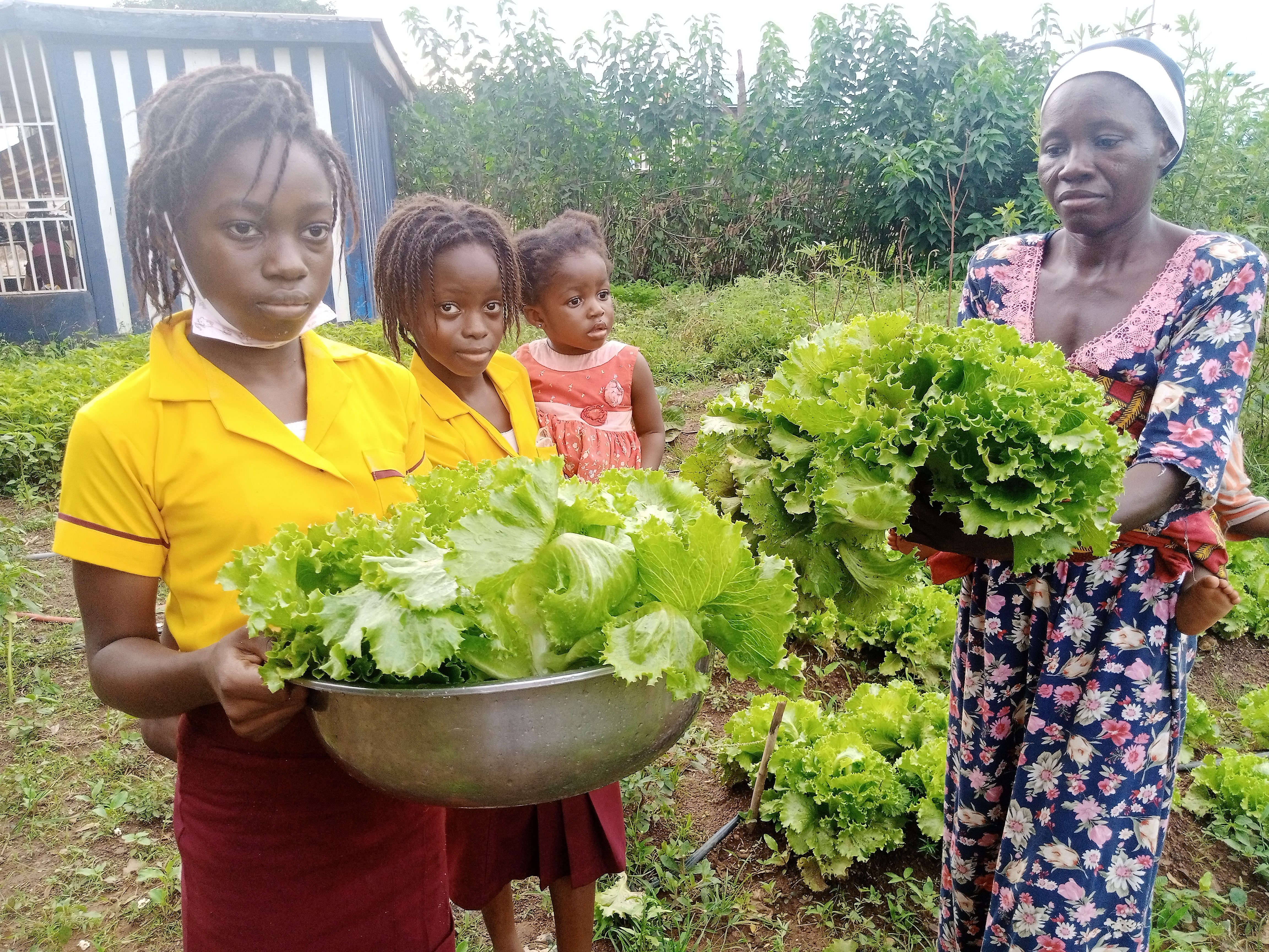 Beneficiaries of the nursery holding lettuce in a group photo. 