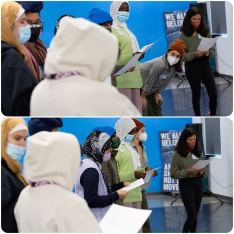 Samira reading a script with her classmates for the Cartography play