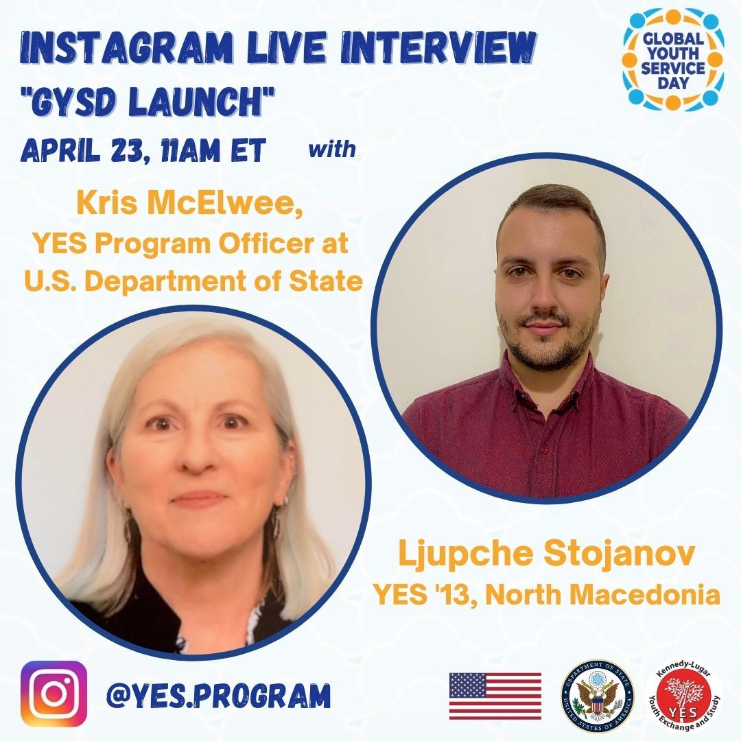 Graphic announcing the GYSD Instagram Live with Kris McElwee and YES alumnus, Ljupche