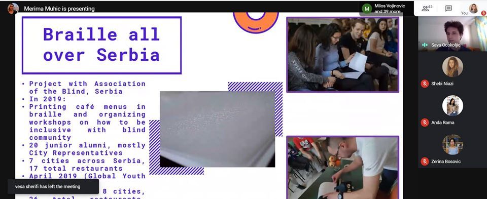 Zoom screenshot of a powerpoint that says "Braille all over Serbia"