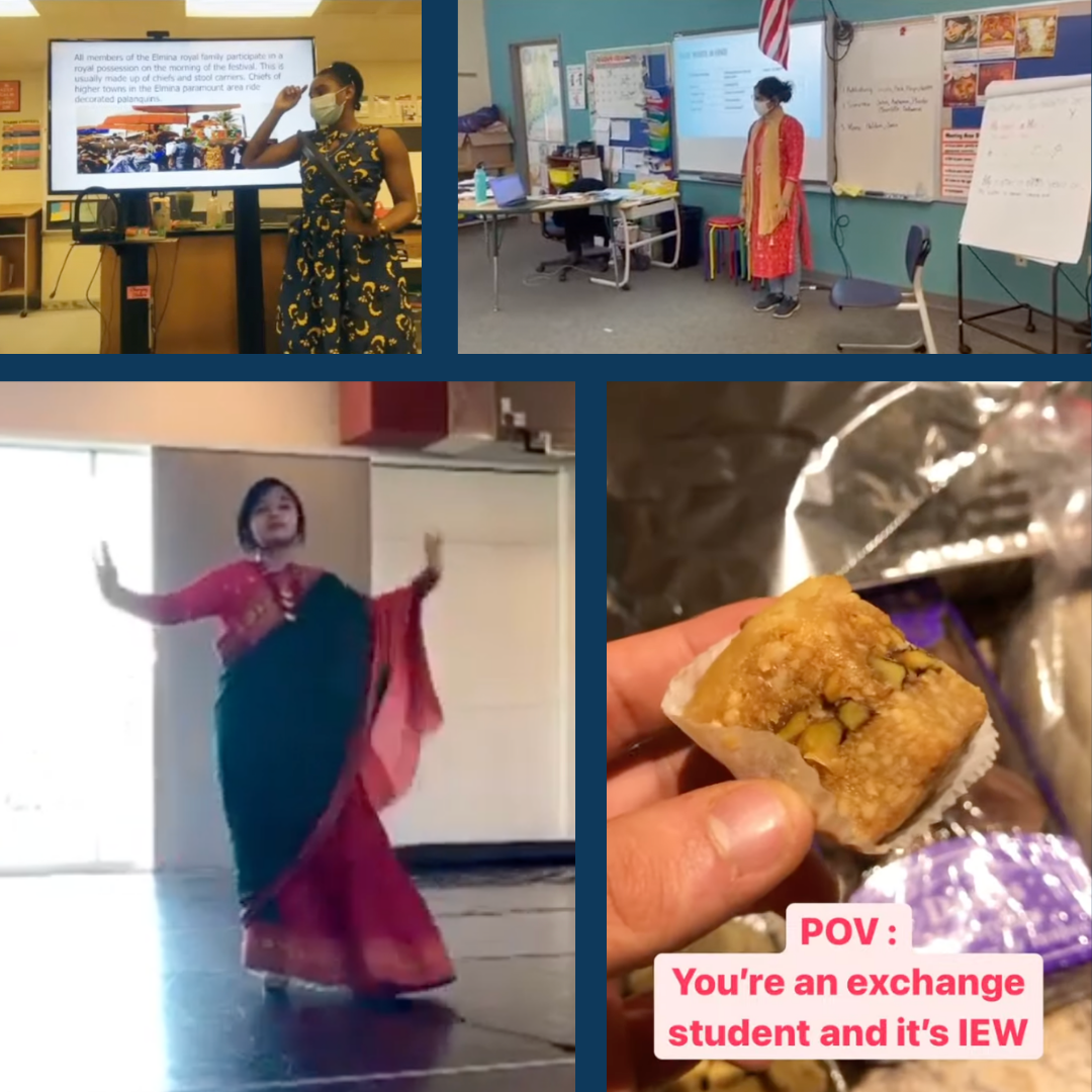 Collage of photos depicting students wearing traditional attire, giving presentations, doing a traditional dance. 