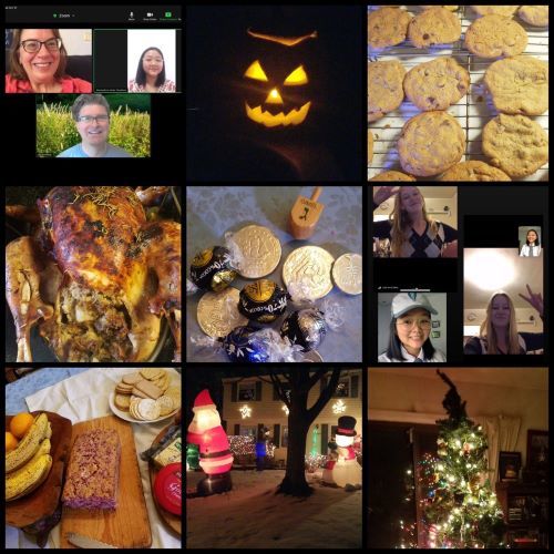 Collage of photos depicting different holidays in the United States to include Christmas trees, pumpkins, and a Thanksgiving turkey