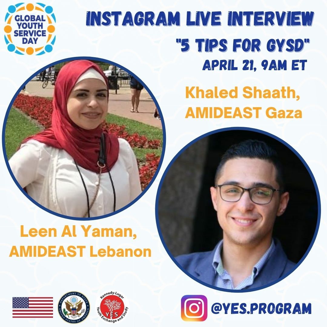 Graphic announcing the GYSD Instagram Live with YES alumni Leen and Khaled