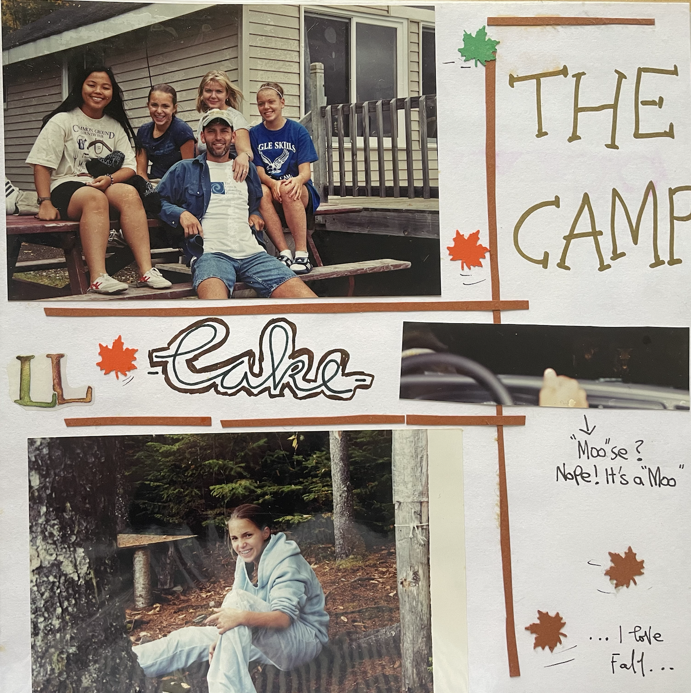 Scrapbook Page Featuring Photos Of People Smiling And Posing At A Lake House