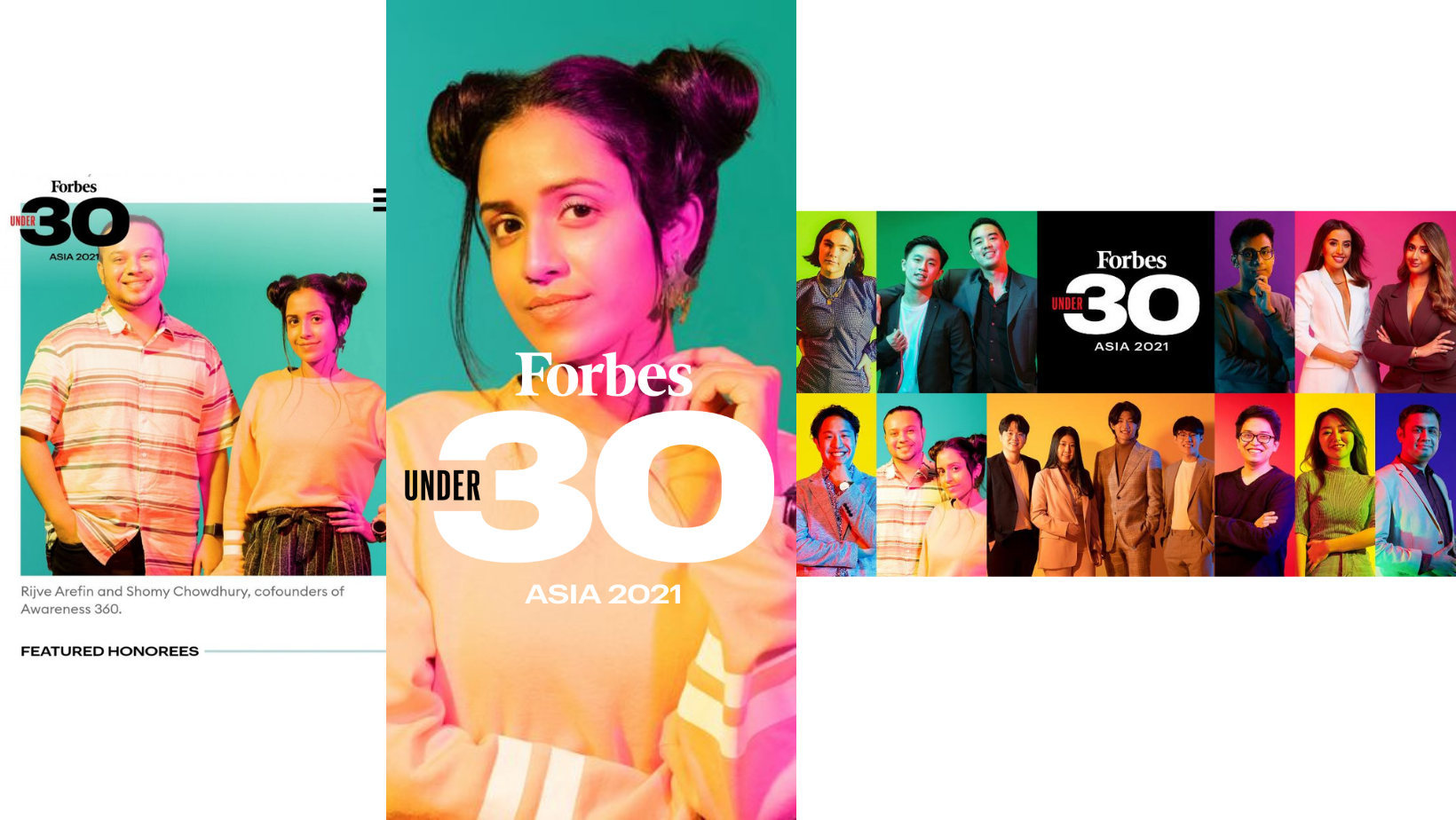 Collage of photos featuring YES alumna, Shomy, and the words "Forbes 30 Under 30" written across.