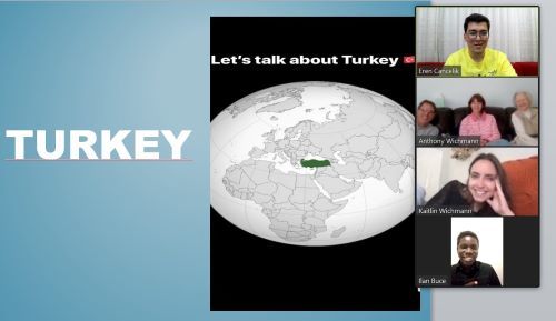 Zoom screenshot of Eren presenting about Turkey to his host family