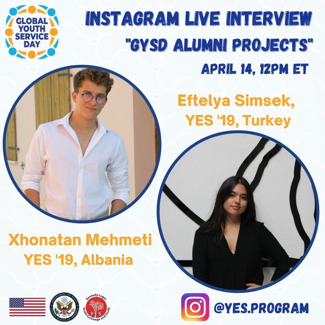 Graphic announcing the GYSD Instagram Live with YES alumni, Eftelya and Xhonatan
