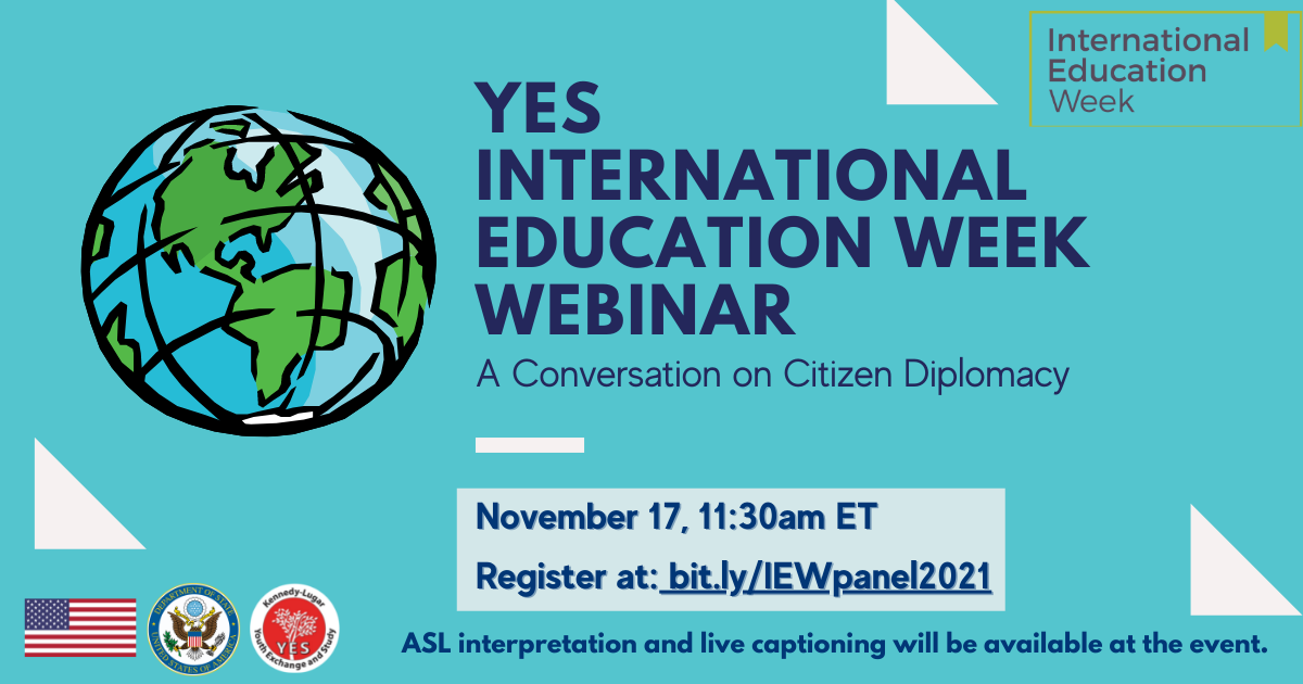 Graphic displaying the date and time of the webinar on A Conversation on Citizen Diplomacy