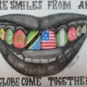 Drawing of a smiling mouth. Each tooth represents a different flag. The words "Where smiles from around the globe come together" are written on the top and bottom of the drawing.