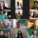 Zoom screenshot of webinar participants holding up their hands